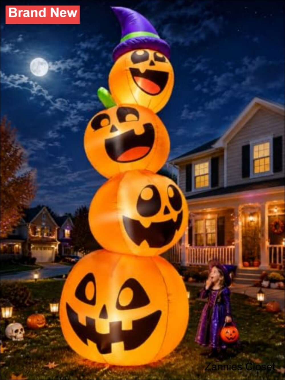 👻 12FT Giant Halloween Inflatable Pumpkin Stack Four Jack-O'-Lanterns LED Yard